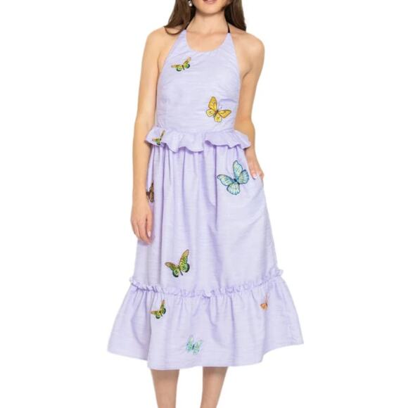 Fanm Mon Purple Butterfly Didem Midi Ruffle Dress Size Large - Picture 1 of 8